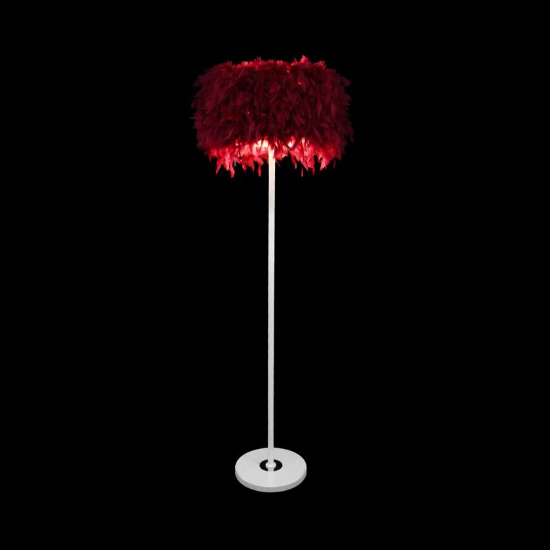 Burgundy/Purple/Pink Drum Floor Light Minimalistic 1-Bulb Feather Standing Floor Lamp for Living Room