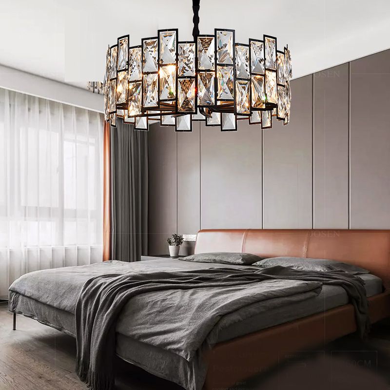 Livre à 6 légers Chandelier Pendant le pendentif noir moderne avec ombre de cristal de tambour