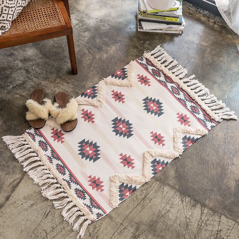 Moroccan Decoration Rug Multi-Color Southwestern Print Carpet Cotton Blend Pet Friendly Washable Area Rug with Tassel