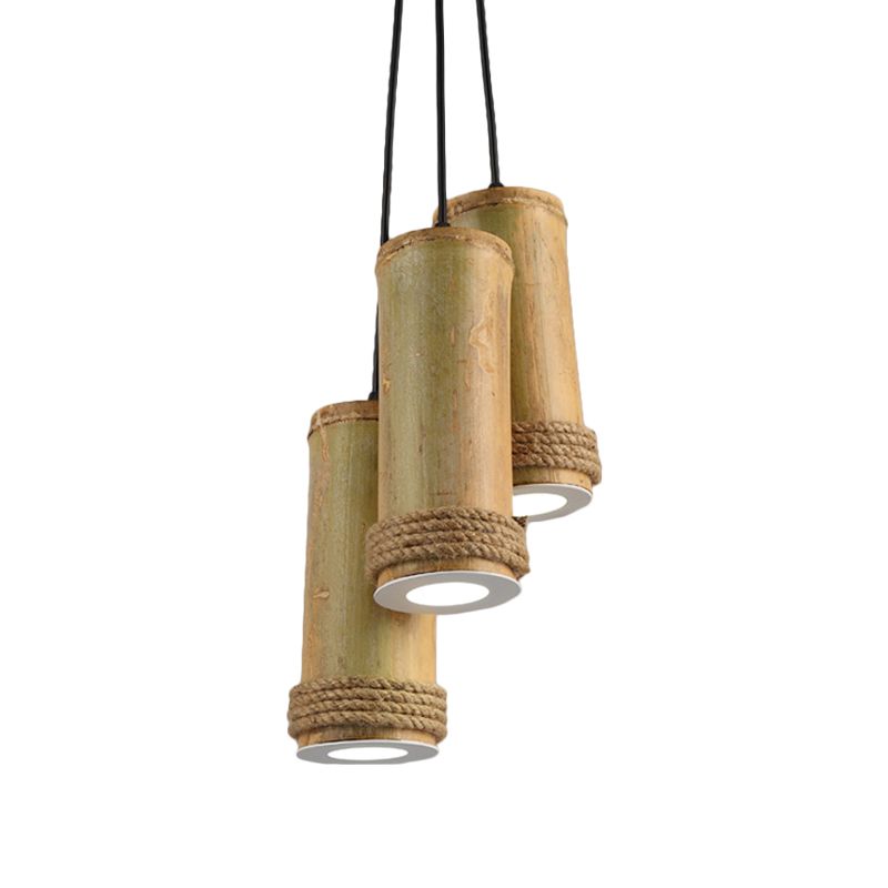 Light Brown 3-Light Cluster Pendant Light Factory Bamboo Cylinder Ceiling Fixture for Restaurant