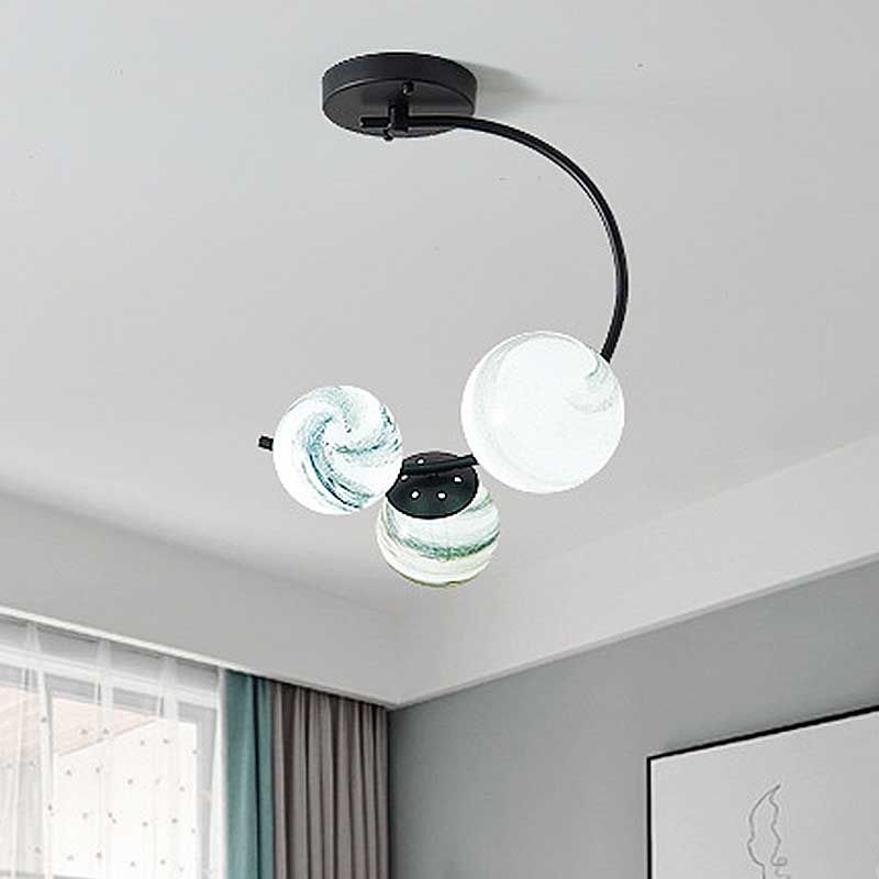 Ball Ceiling Lamp Modernism Hand Blown Glass 3/5 Lights Semi Flush Mount Lighting in Black/White