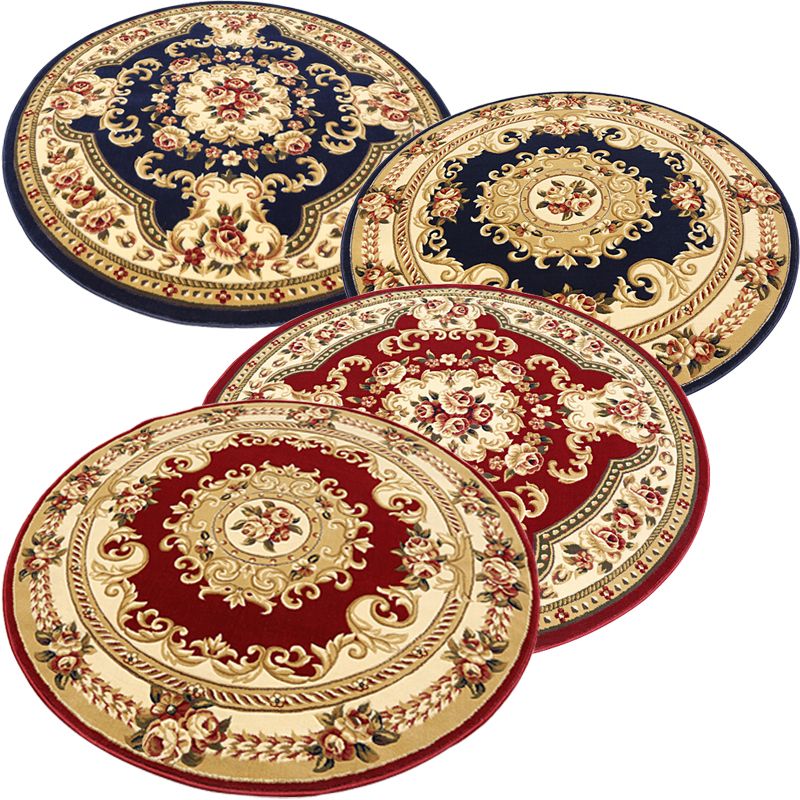 Round Yellow Tone Retro Carpet Polyester European Print Rug Non-Slip Backing Indoor Rug for Bedroom