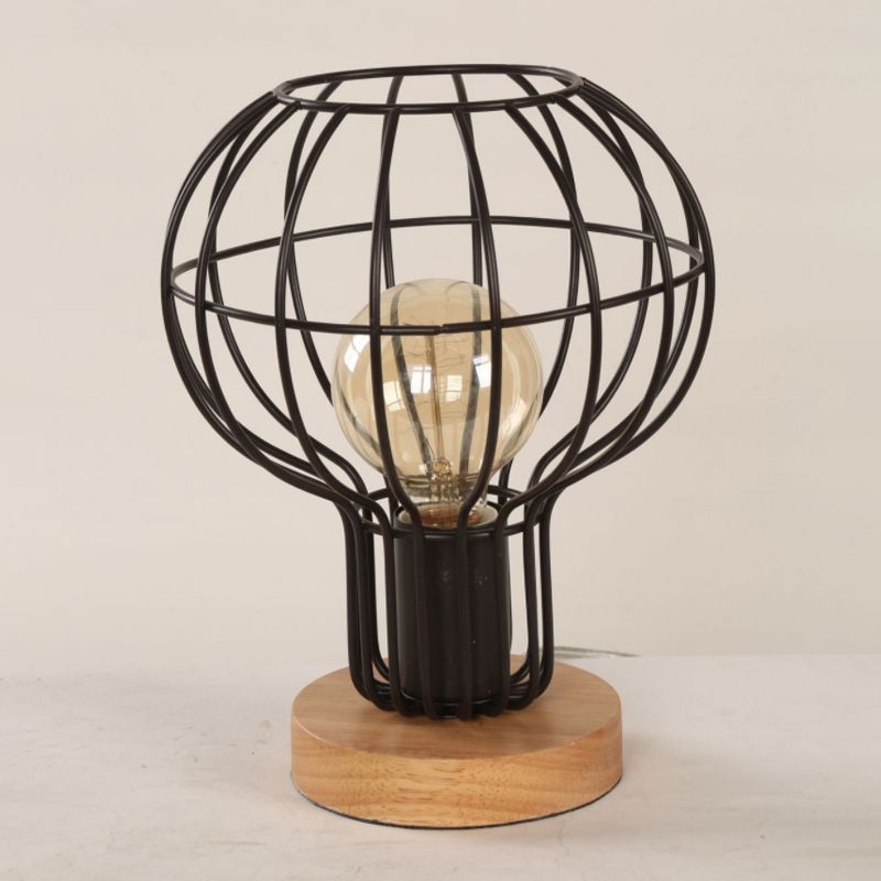 1 Bulb Table Lamp Industrial Stylish Pear/Barrel Shade Metal and Wood Task Lamp with Wire Guard in Black for Bedroom