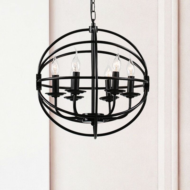 6-Light Metal Hanging Chandelier Industrial Black Candle Dining Room Pendant Light Fixture with Globe Design