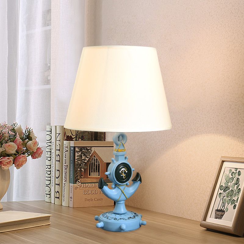 Anchor Shape Resin Night Table Light Mediterranean 1 Bulb Light Blue Desk Lamp with Barrel White Fabric Shade