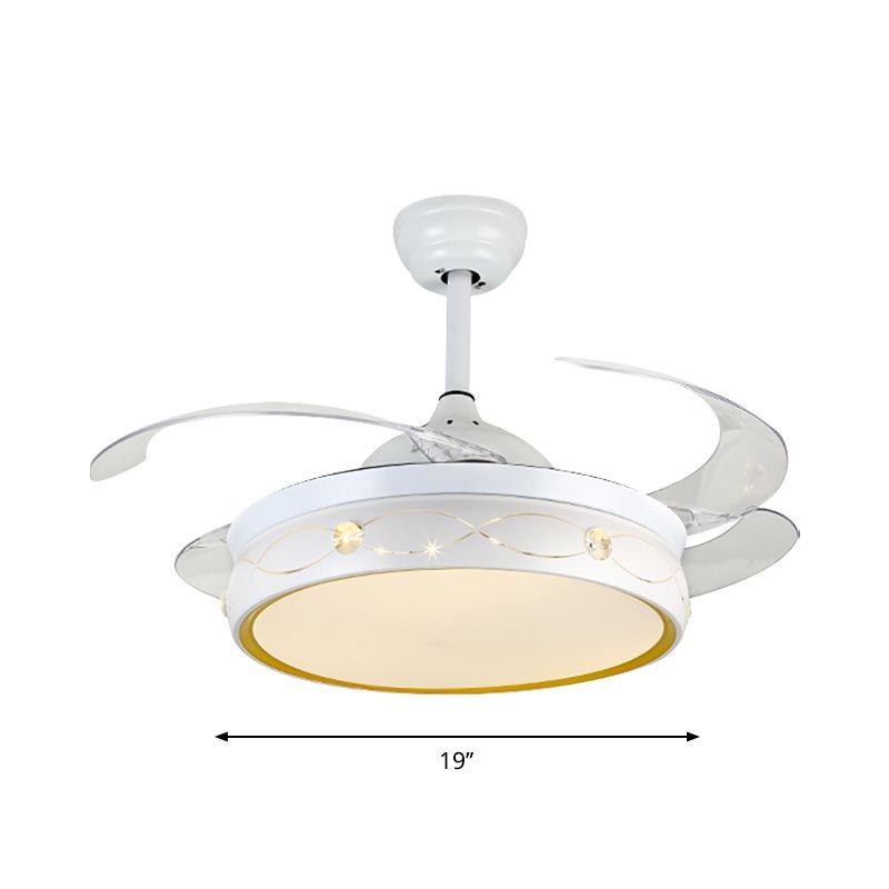 White LED Circular Ceiling Fan Lamp Simplicity Metal Semi Flush Mount with Crystal Deco with 4-Blade, 19" W