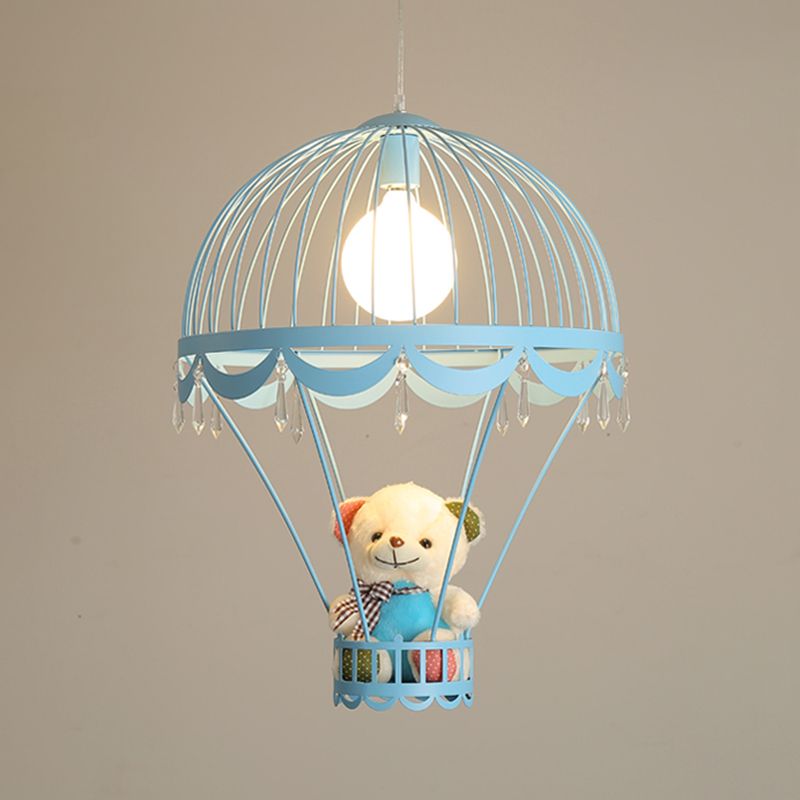 Hot Air Balloon Bedside Ceiling Light Metal Single Cartoon Hanging Lamp with Bear and Crystal Accent