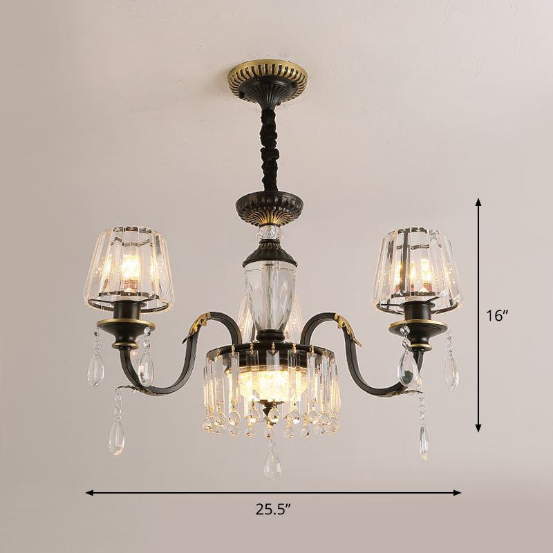 Cone Crystal Block Chandelier Light Modernism 3/6-Head Black Down Lighting Pendant with Droplet