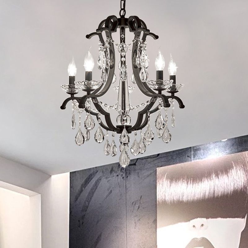 Flameless Candle Hanging Light Industrial Clear Crystal 5/6 Bulbs Pendant Light in Black for Bedroom