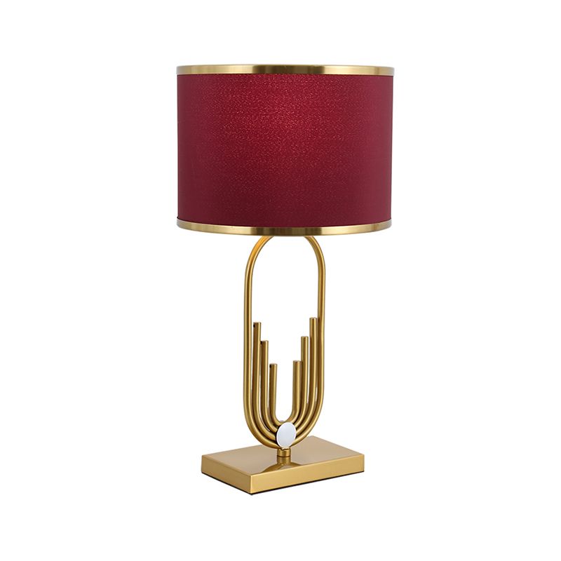 Fabric Drum Nightstand Lamp Simplicity 1 Bulb Bedside Table Lighting in Red for Living Room