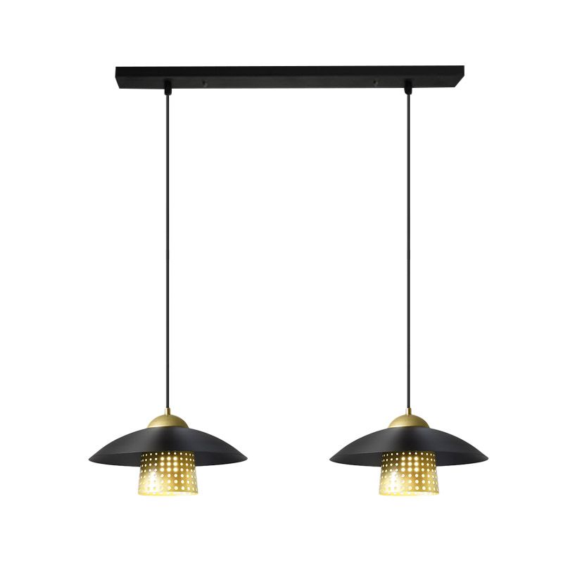 2-Light Saucer Cluster Pendant Farmhouse Black/White/Gold Metallic Suspension Lamp with Pierced Bell Insert