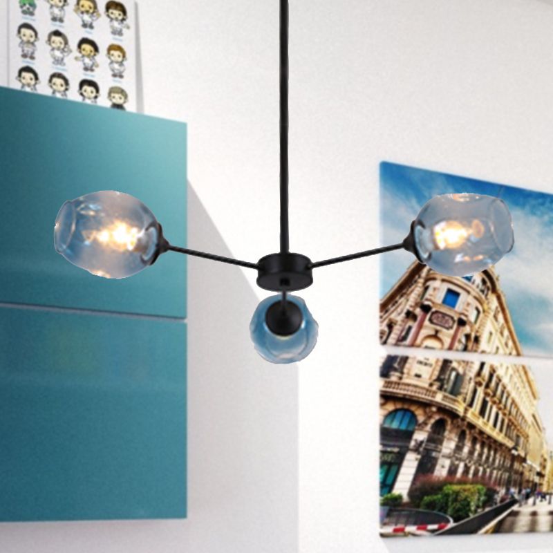 Modernist 3/6/8 Lights Hanging Chandelier Black/Chrome Sputnik Suspension Pendant with Blue/Amber Glass Shade