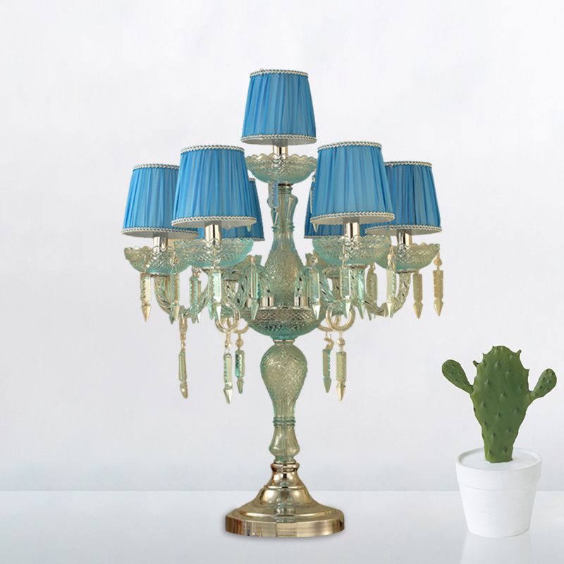 Crystal Blue Nightstand Lamp Candlestick 5/6/7 Bulbs Traditional Sleeping Room Table Light with Barrel Fabric Shade