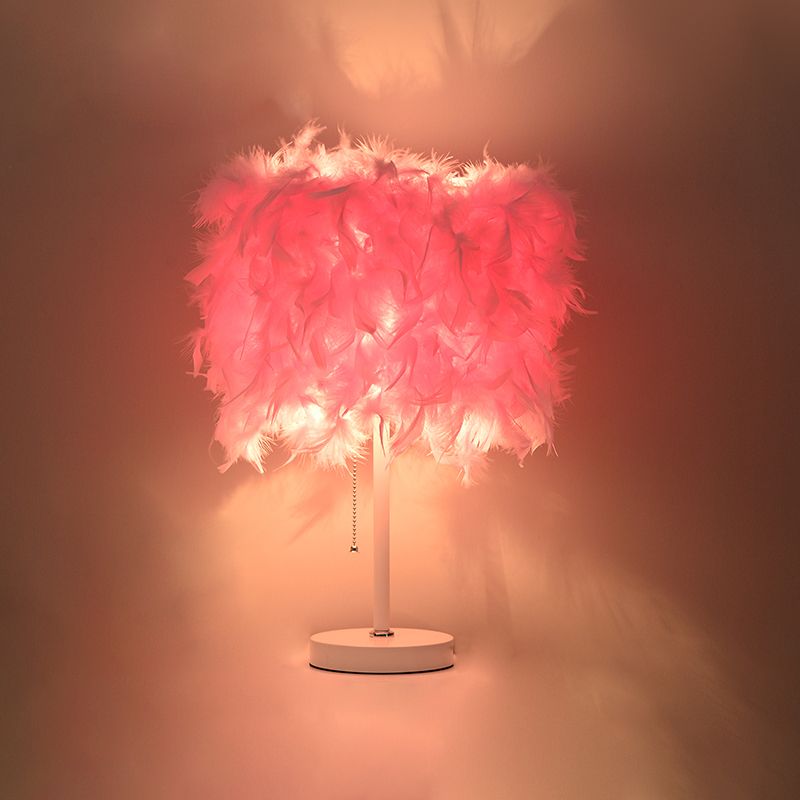 White/Red/Pink Cylindrical Table Lamp Romantic Modern 1 Bulb Feather Pull-Chain Nightstand Light