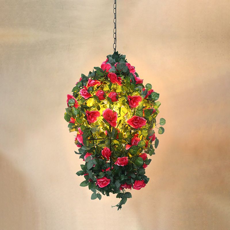 Cone Cage Restaurant Ceiling Light Loft Iron 1 Bulb Red/Blue Hanging Pendant Lamp with Flower Decor