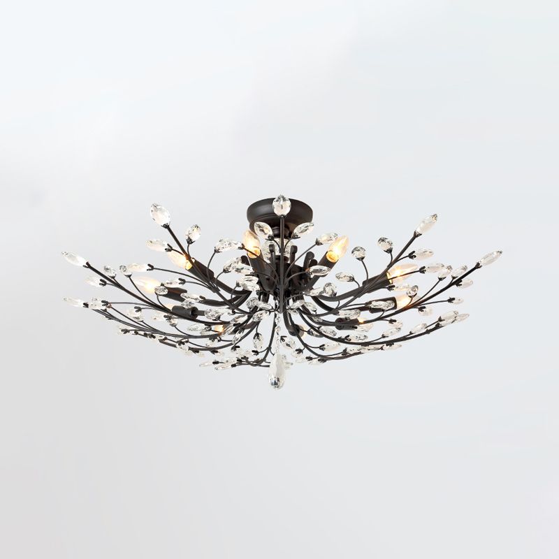 Branch Beveled Crystal Semi Flush Minimalism 10 Heads Living Room Flush Mount in Black