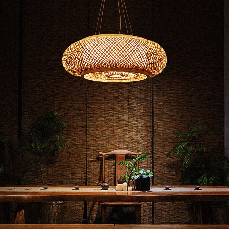 Bamboo Weaving Round Hanging Lamp Chinese Wooden Suspension Lighting Fixture for Bedroom