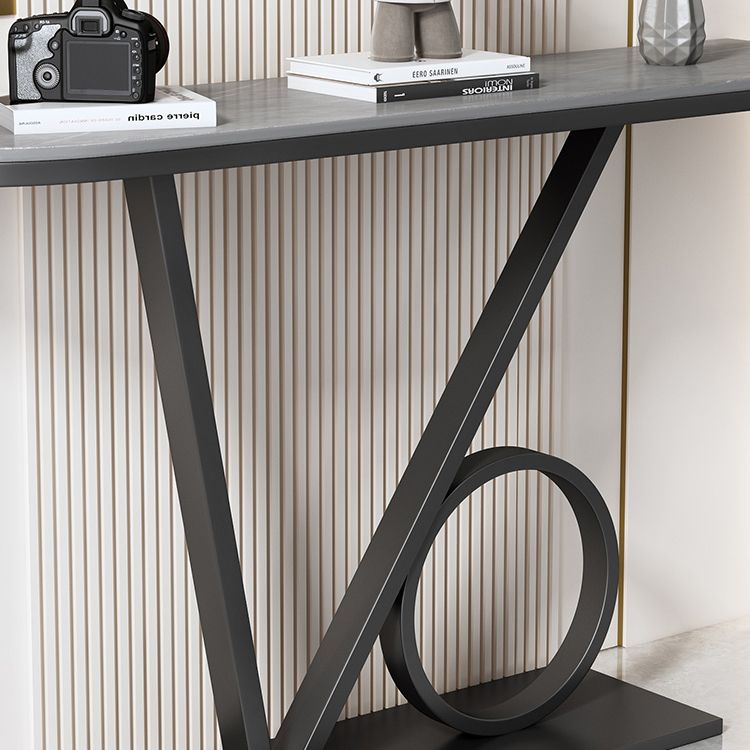 Contemporary Stone Console Accent Table Half Moon Iron End Table for Hall