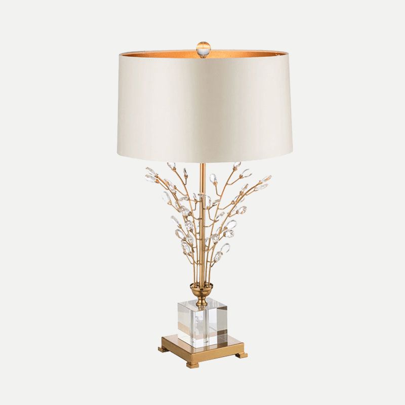 Fabric Drum Table Light Modernism 1 Head Small Desk Lamp in Gold with Crystal Leaf