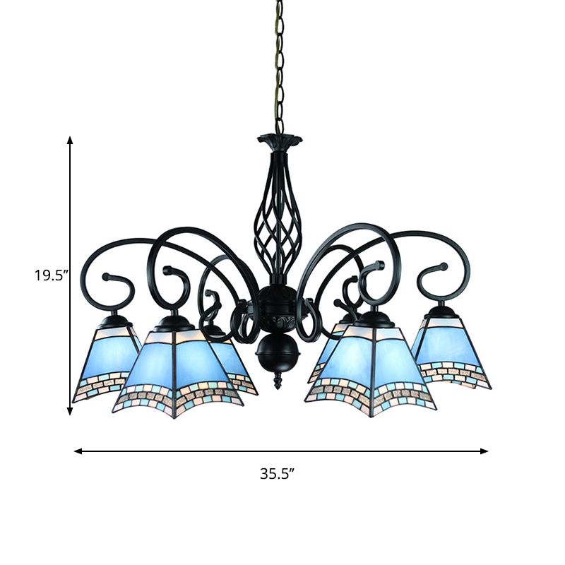 Blue Glass Pyramid Hanging Ceiling Light 6 Lights Nautical Style Suspension Light for Living Room