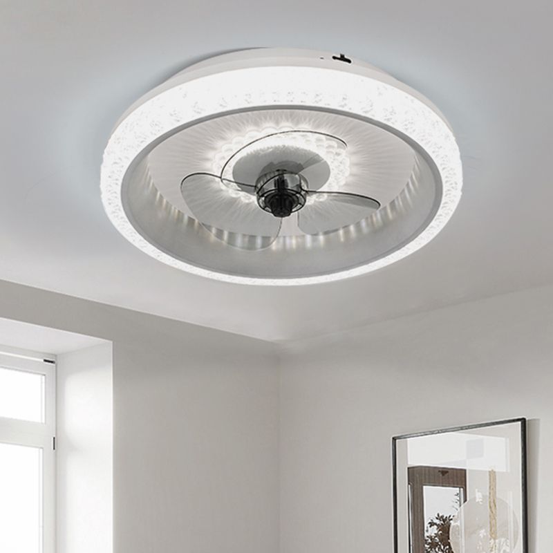 19.5" Wide Round LED Semi Flush Mounted Light Macaron Acrylic Dining Room 3-Blade Ceiling Fan Lamp, Remote Control