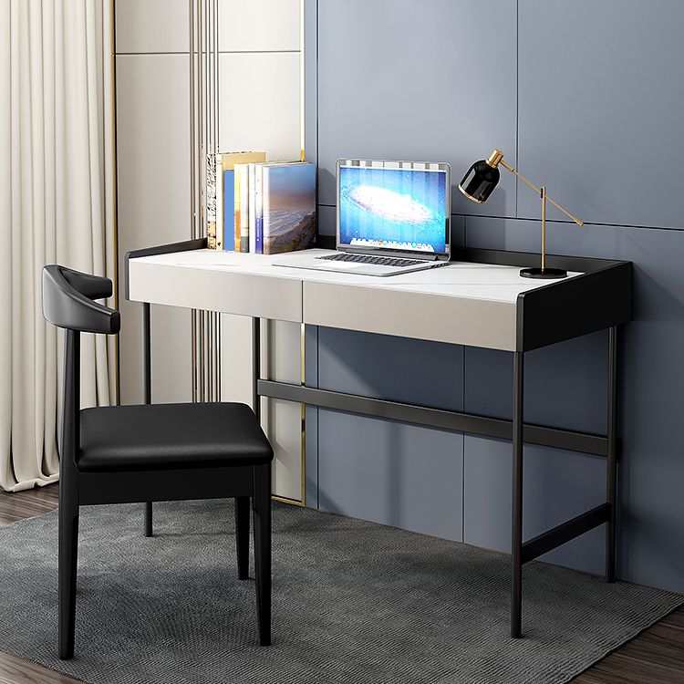 Modern Stone Rectangular Writing Desk 2-Drawers White Office Desk with H-Base