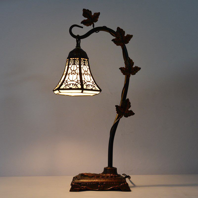 Rose/White/Dragonfly Nightstand Mediterranean Stained Glass Single Head Brown Table Lamp with Bridge Arm