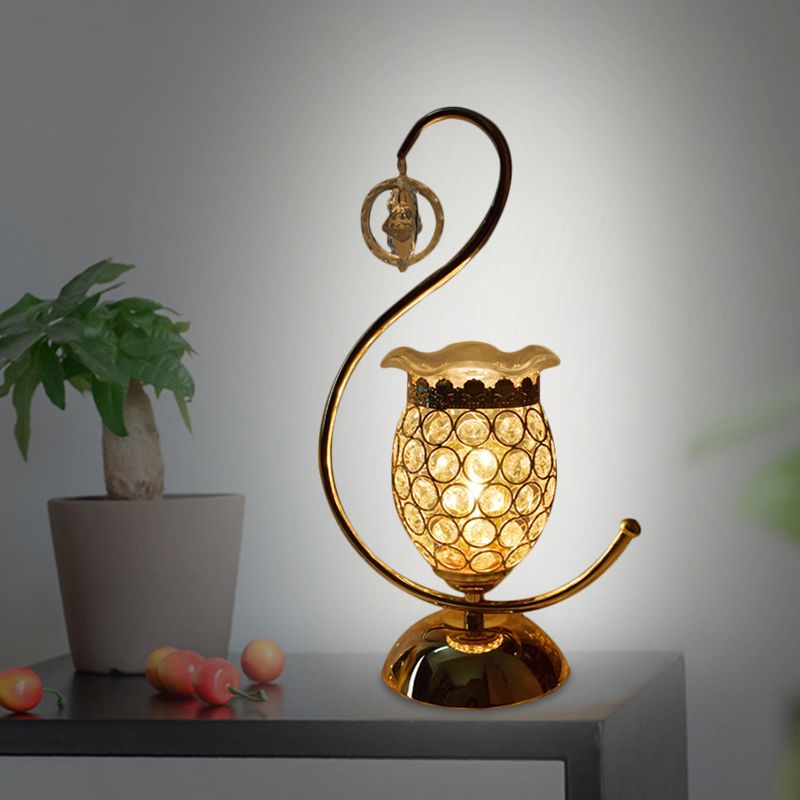 Cube/Flower Shape Table Lamp Modernism Crystal-Encrusted 1 Head Gold Nightstand Light with Curved Arm