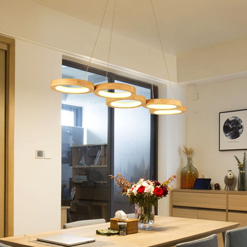 4/5 Lichter Esszimmer Kronleuchter mit orbikulärem Holz Schatten modernistischer Beige LED Hängende Anhänger Licht in warmem Licht
