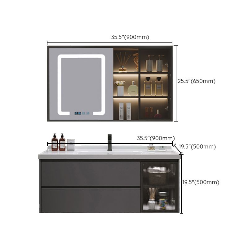 Grey Bath Vanity Wood Frame Mirror Single Sink Wall-Mounted Bath Vanity with 2 Drawers