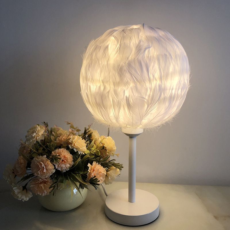 Handmade Sphere Feather Table Light Nordic Style 1-Light White/Pink/Rose Red Nightstand Lamp with Plug-in Cord