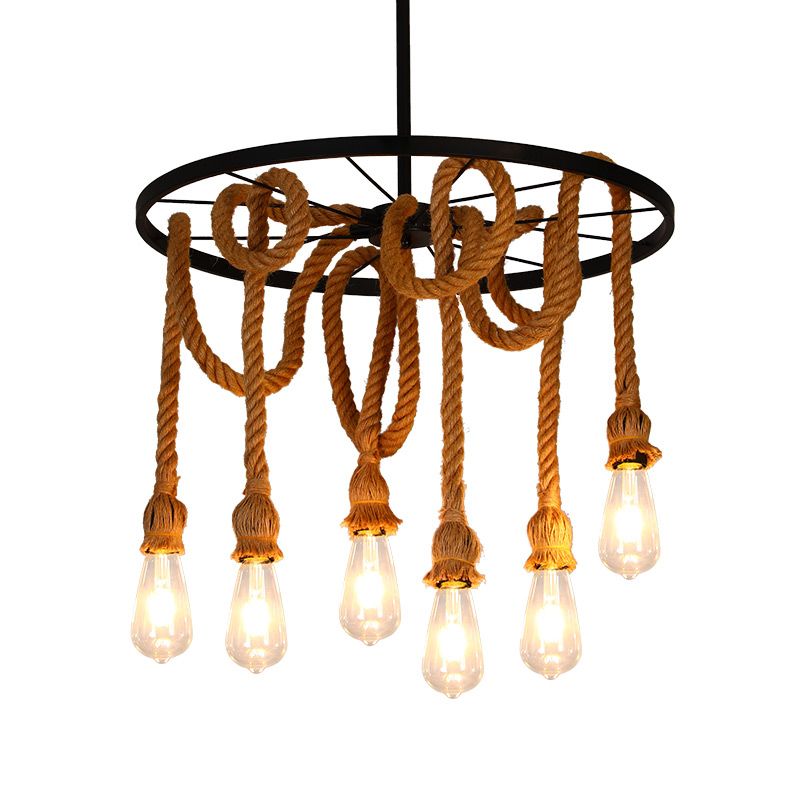 Bare Bulb Chandelier Light Fixture Industrial Rope Pendant Lighting for Restaurant (Without Plants)