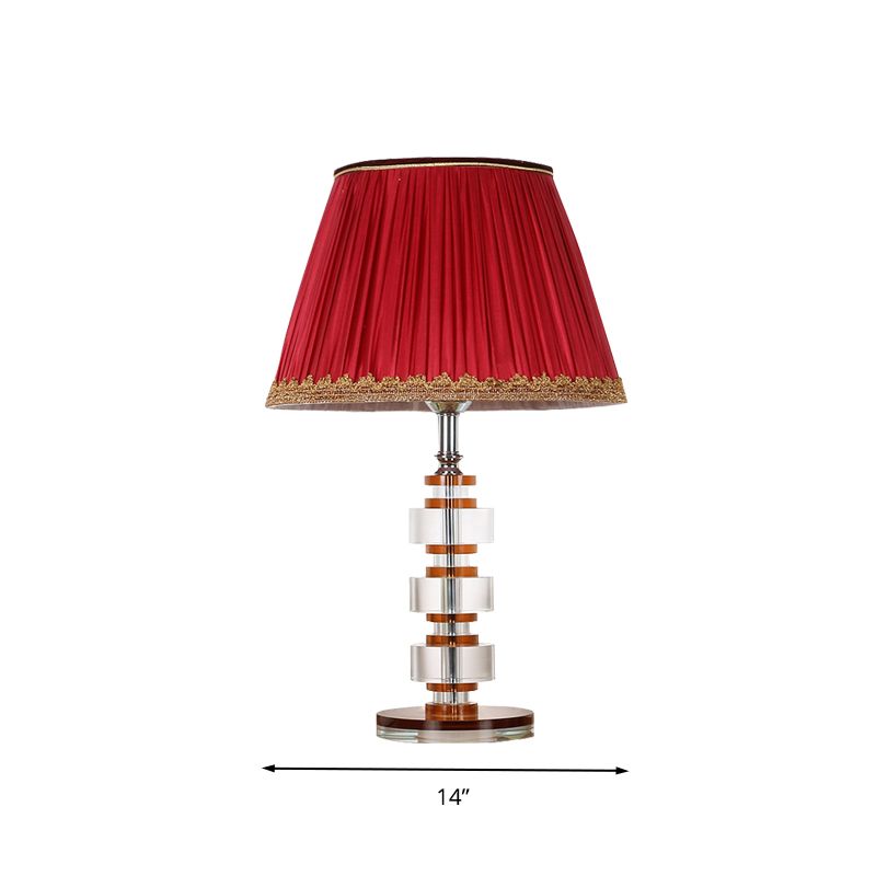 1 Light Fabric Table Lamp Simple Red Tapered Drum Bedroom Nightstand Light with Crystal Accent