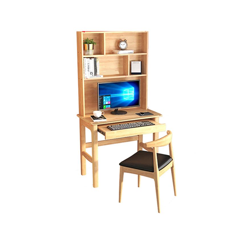 Solid Wood Study Desk Home Keyboard Tray Writing Desk with Bookshelf