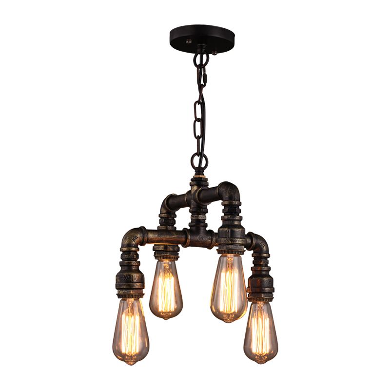 Industrial Plumbing Pipe Chandelier Pendant Light 4 Bulbs Iron Hanging Light in Rust