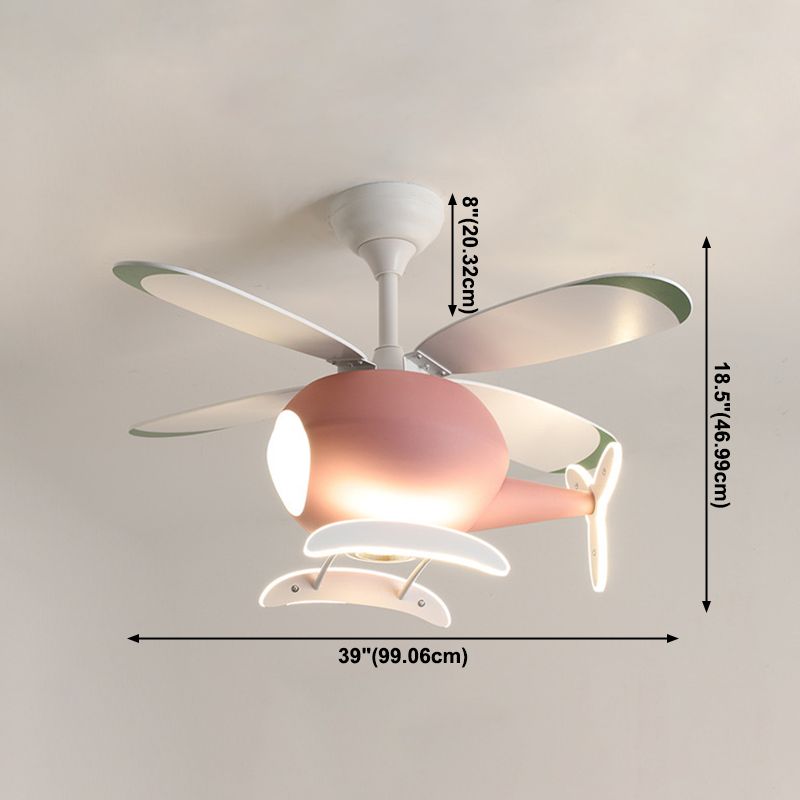 Acrylic LED Hanging Lamp in Kids Creative Style Iron Airplane Fan Pendant Light with Wooden Lamina