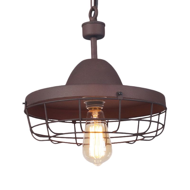 Rust 1 Light Pendant Lighting Antiqued Metal Barn Shade Suspension Lamp with Cage