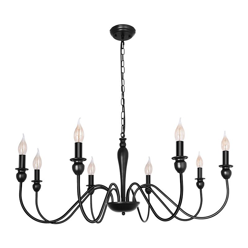 Industrial Metal Swirled Arm Hanging Chandelier Light Black Candle Exposed Bulb Restaurant Drop Lamp