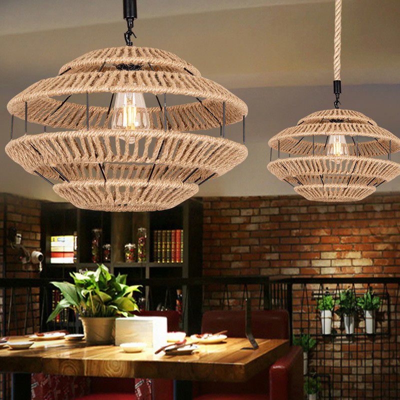 Hemp Roped Brown Ceiling Light Basket 1-Light Rustic Suspension Pendant for Dining Room