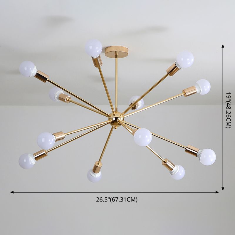 Electroplated Gold Burst Shaped Chandelier Industrial Style Open Bulbs Molecular Hanging Light for Dining Room