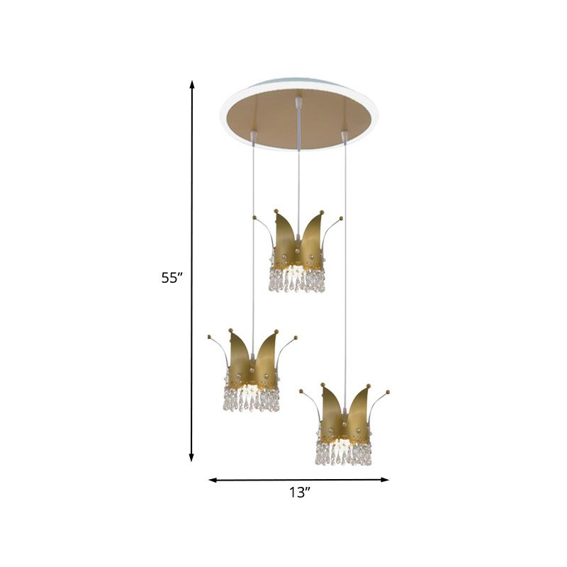 Contemporary Crown Cluster Pendant Iron 3 Heads Nursery Suspension Light in Gold with Crystal Drop