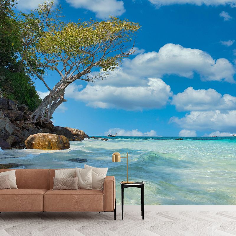 Tropics Seascape Wall Paper Mural Mildew Resistant Soft Color Wall Art for Bathroom