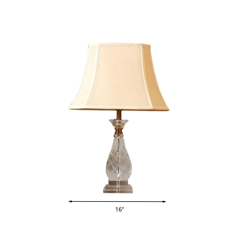 1 Light Fabric Night Lamp Traditionalism Beige Paneled Bell Bedroom Nightstand Light with Crystal Base