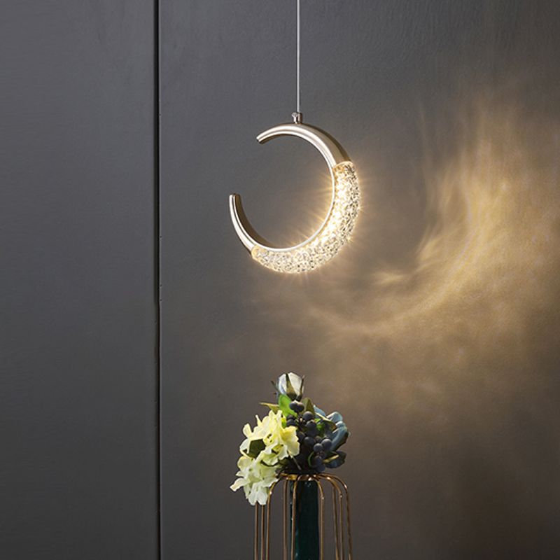 Nordic Style Metal Pendant Light Moon Shape Ceiling Lamp with Acrylic Shade for Bedroom