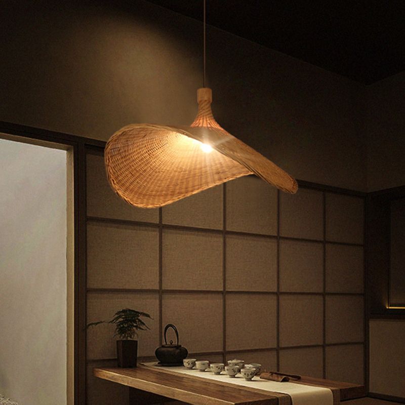 Hat Shaped Bamboo Ceiling Lighting Asian Style 1 Bulb Wood Hanging Light for Restaurant