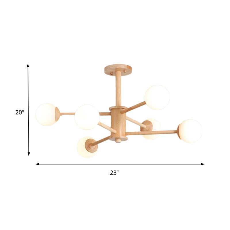 Starburst Chandelier Lighting Contemporary Wooden 6/8/12 Lights Hanging Ceiling Lamp Fixture with White Glass Ball Shade in Natural Wood