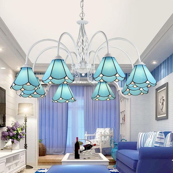 Multi Light Conical Chandelier with White Gooseneck Traditional Blue Glass Ceiling Pendant for Living Room