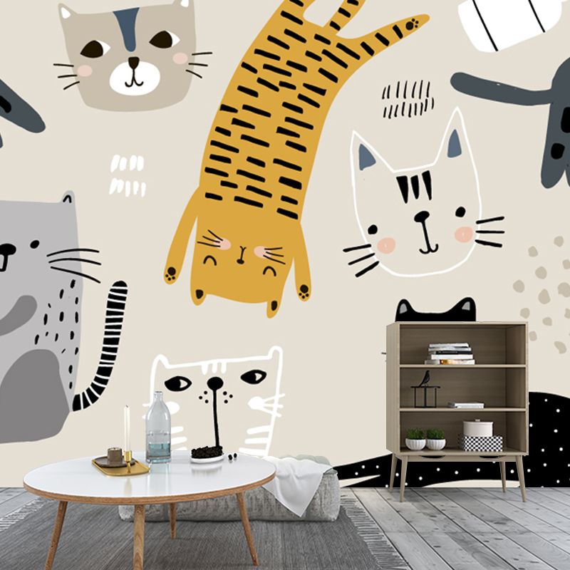 Light Camel Childrens Art Mural Full Size Cat Patterned Wall Covering for Nursery