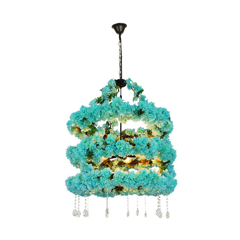 Blue 5 Heads Chandelier Lighting Vintage Metal Flower LED Suspension Pendant with Crystal Accent