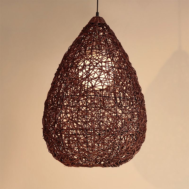 Chinese 1 Bulb Hanging Light Brown Pear Pendant Lighting Fixture with Rattan Shade